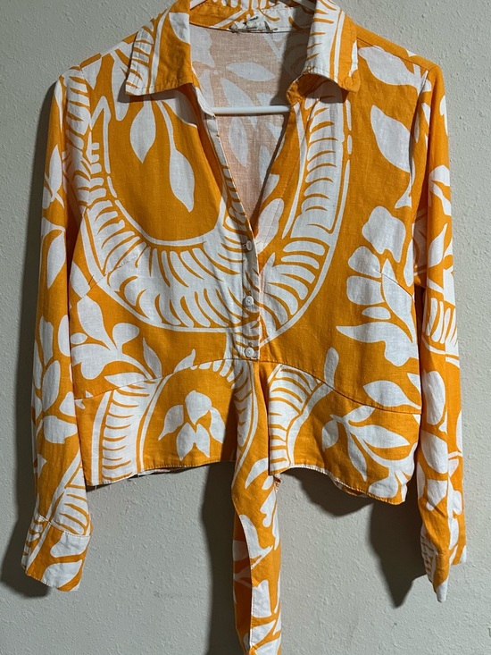 Christian Siriano Tops - Christian Siriano New York Linen Blend Orange and White Tie-Front Button Shirt